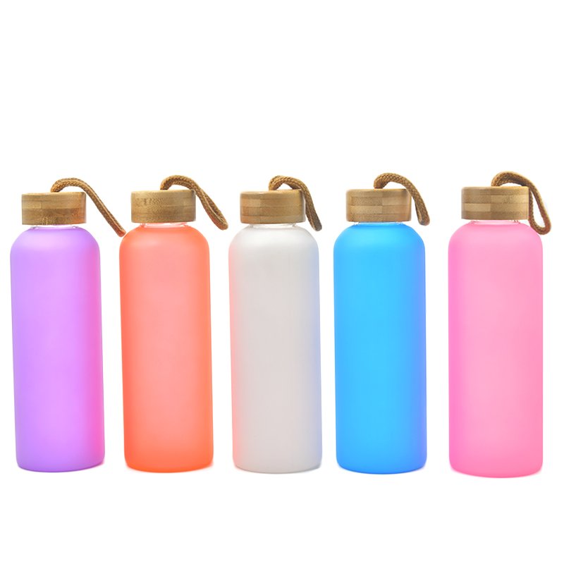 20oz frosted multi color sublimation blanks Borosilicate glass water bottle glass cups with rope bamboo lid