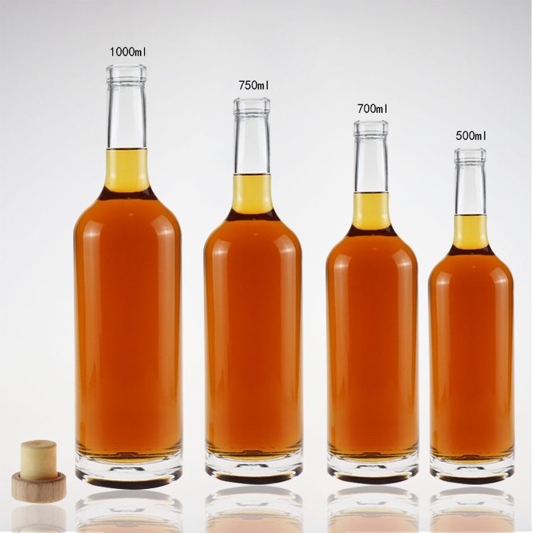 Premium customized 1000ml, 750ml, 700ml, 500ml, 375ml, 250ml, 200ml glass bottle with Cork/ liquor fancy vodka glass bottle