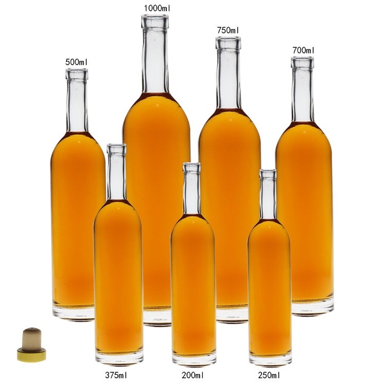 Premium customized 1000ml, 750ml, 700ml, 500ml, 375ml, 250ml, 200ml glass bottle with Cork/ liquor fancy vodka glass bottle