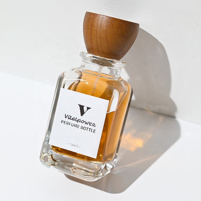 Custom Square Cube Perfume Bottle 30ml 50ml 100ml Clear Grey Black Gradient Color Perfume Glass Bottles With Wooden Cap