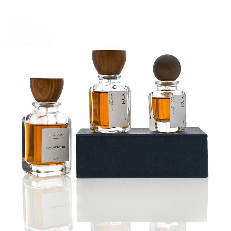 Custom Square Cube Perfume Bottle 30ml 50ml 100ml Clear Grey Black Gradient Color Perfume Glass Bottles With Wooden Cap