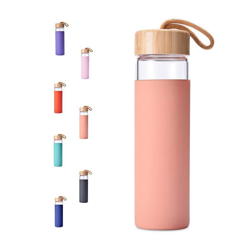 Customized Glass Drinking Water Cup Bottle Outdoor Sports Travel Student Couple Cup With Bamboo Lid Silicone Protective Sleeve