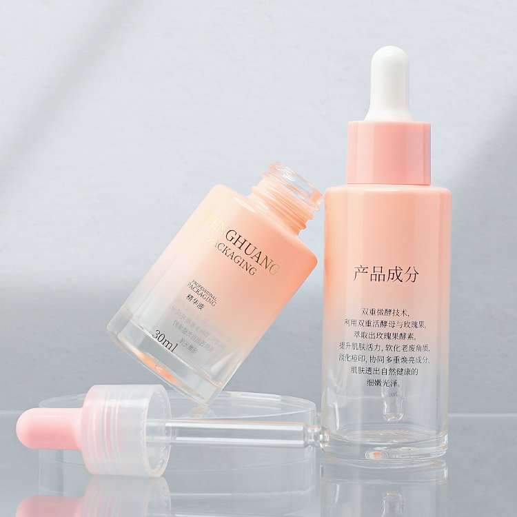 Custom luxury glass serum bottle 1oz 30ml skincare packaging gradient design face hair oil moisture dropper bottles cosmetic