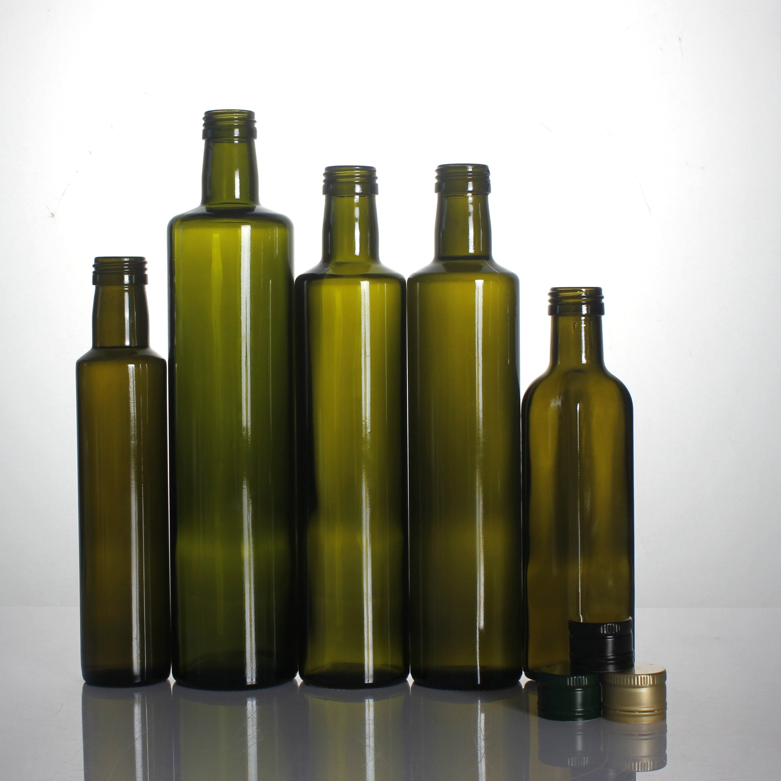 Wholesale 100ml 250ml 375ml 500ml 750ml 1000ml antique green amber clear round square marasca olive oil glass bottle with cap