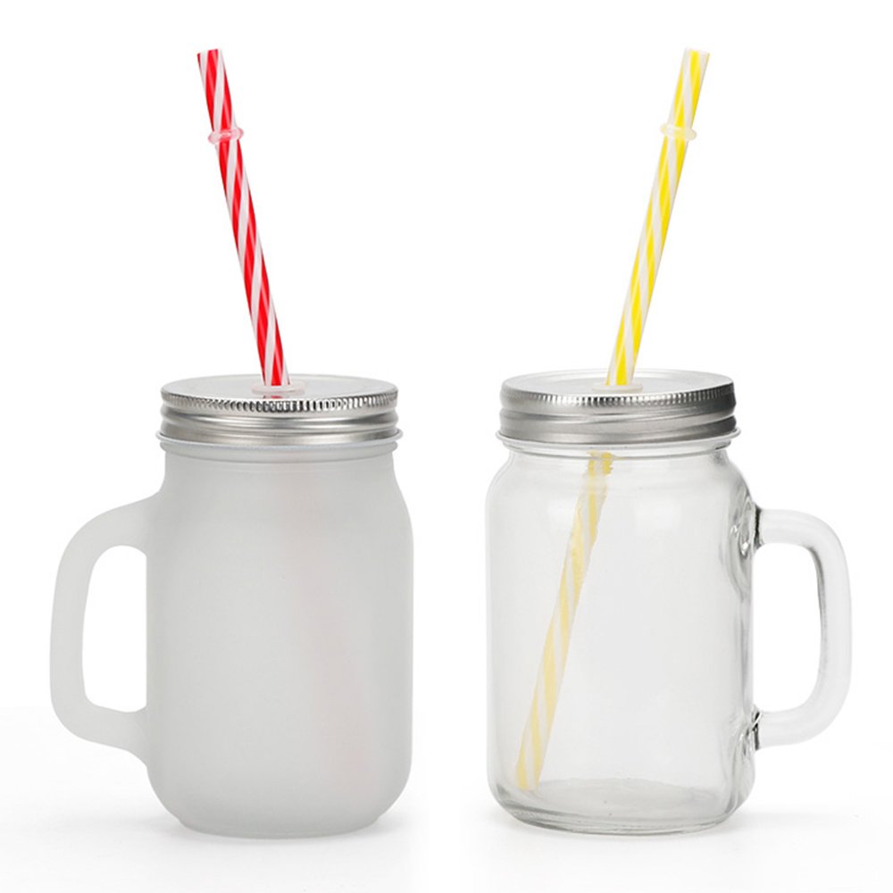 Baiyin 15oz Cute Glass Mugs Water Coffee Tea Beer Juice Cup Mug Sublimation Blank Glass Bottle with Handle Lid and Straw