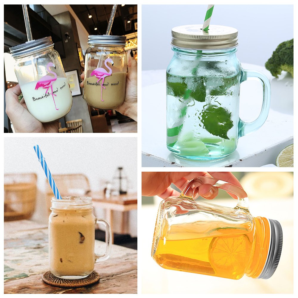 Baiyin 15oz Cute Glass Mugs Water Coffee Tea Beer Juice Cup Mug Sublimation Blank Glass Bottle with Handle Lid and Straw