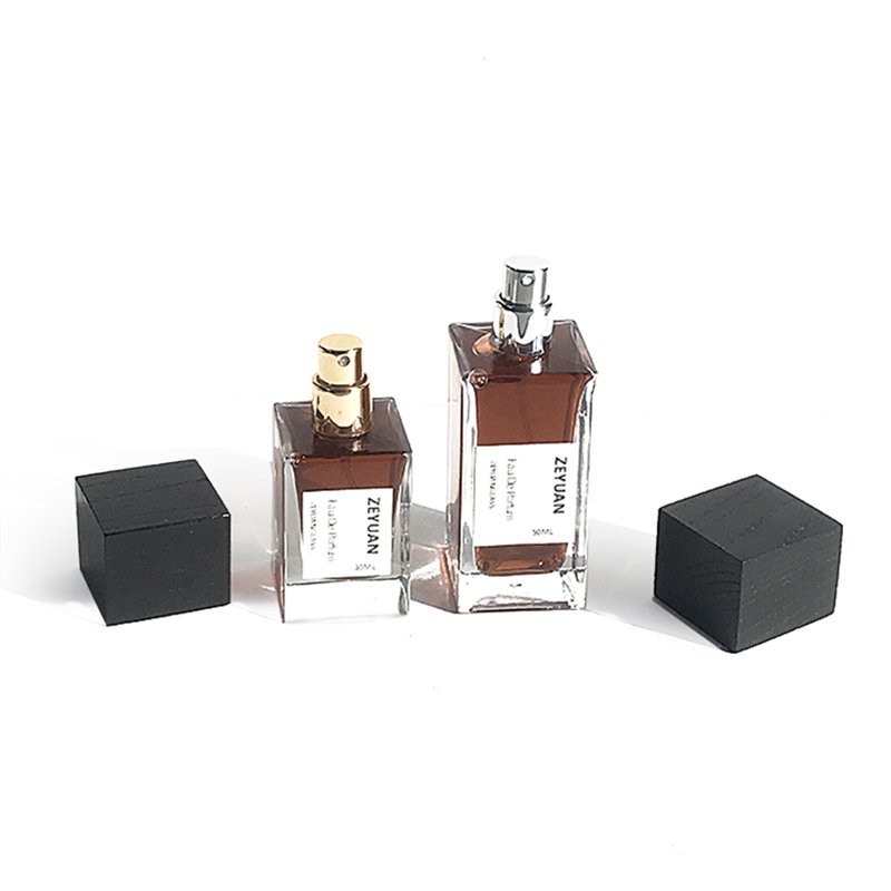 Luxury square perfume glass bottle 30ml 50ml 100ml clear empty heavy bottom with crimp sprayer black wood lid