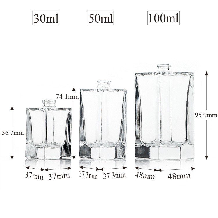 Luxury square perfume glass bottle 30ml 50ml 100ml clear empty heavy bottom with crimp sprayer black wood lid