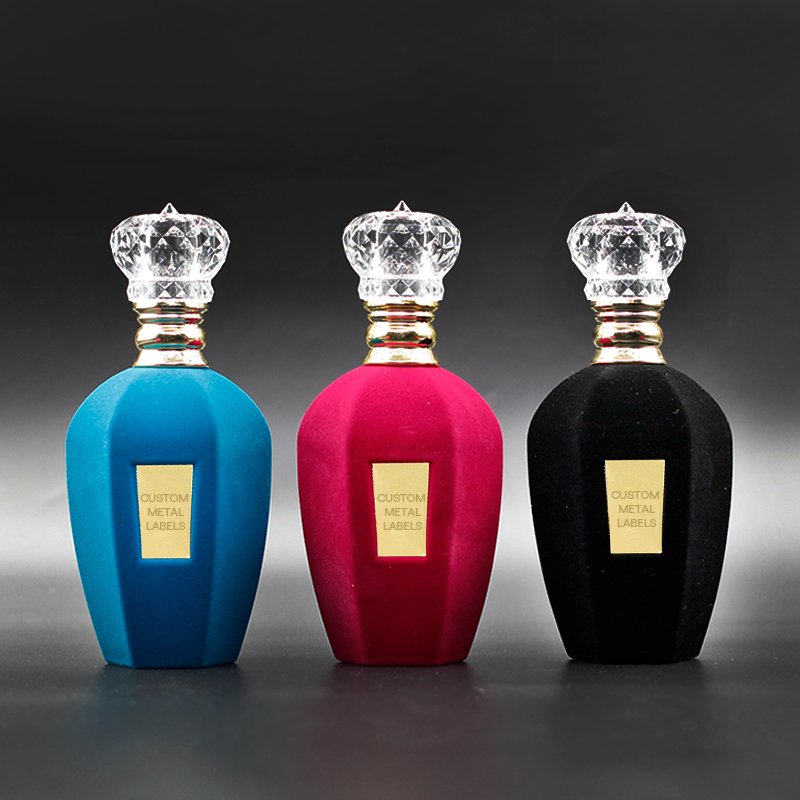 Flocked velvet round crimp perfume glass bottle 50ml 100ml empty luxury Perfume bottle with fluff