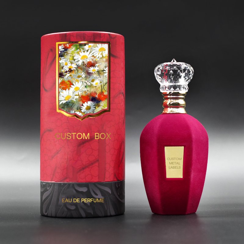 Flocked velvet round crimp perfume glass bottle 50ml 100ml empty luxury Perfume bottle with fluff