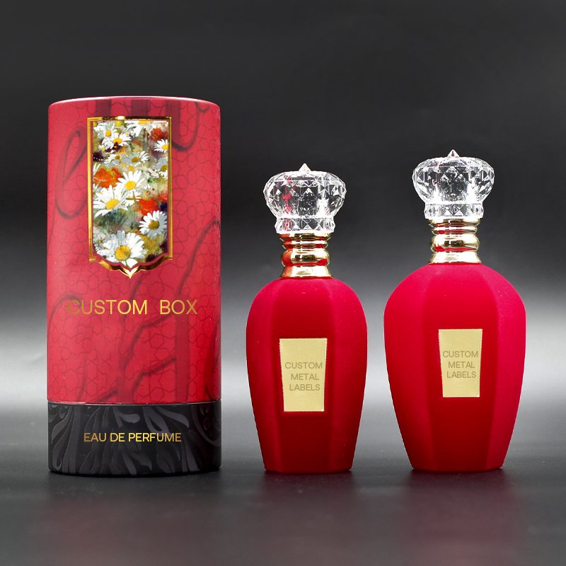 Flocked velvet round crimp perfume glass bottle 50ml 100ml empty luxury Perfume bottle with fluff