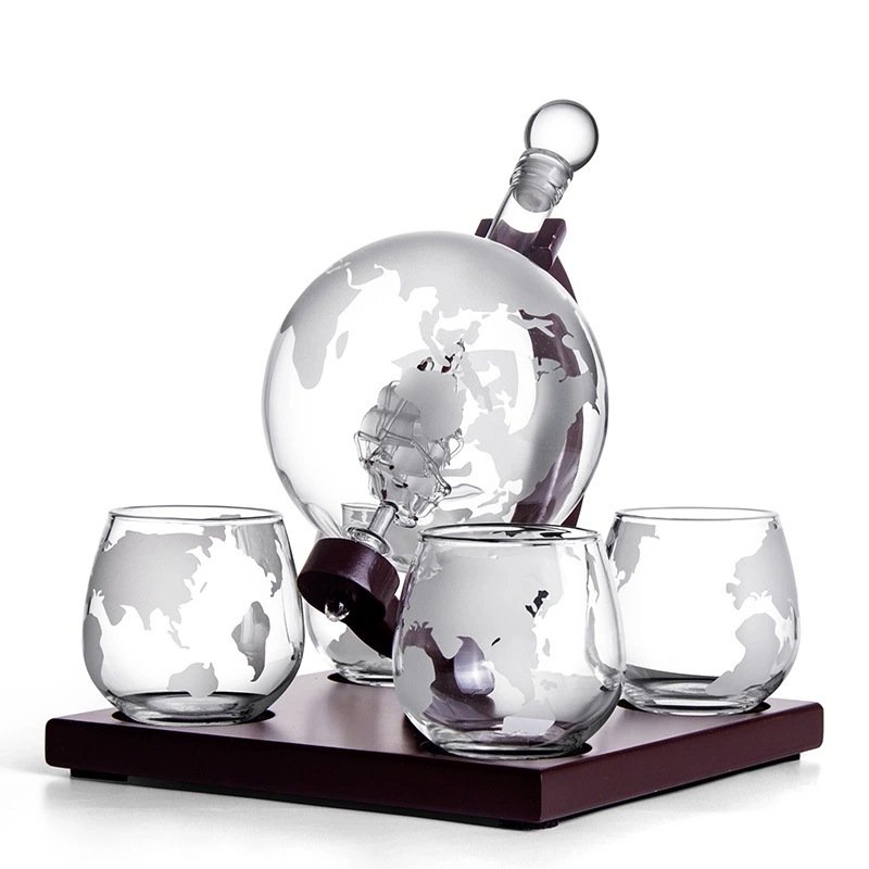 whisky decanter globe Whiskey Decanter set with wooden tray glass bottles