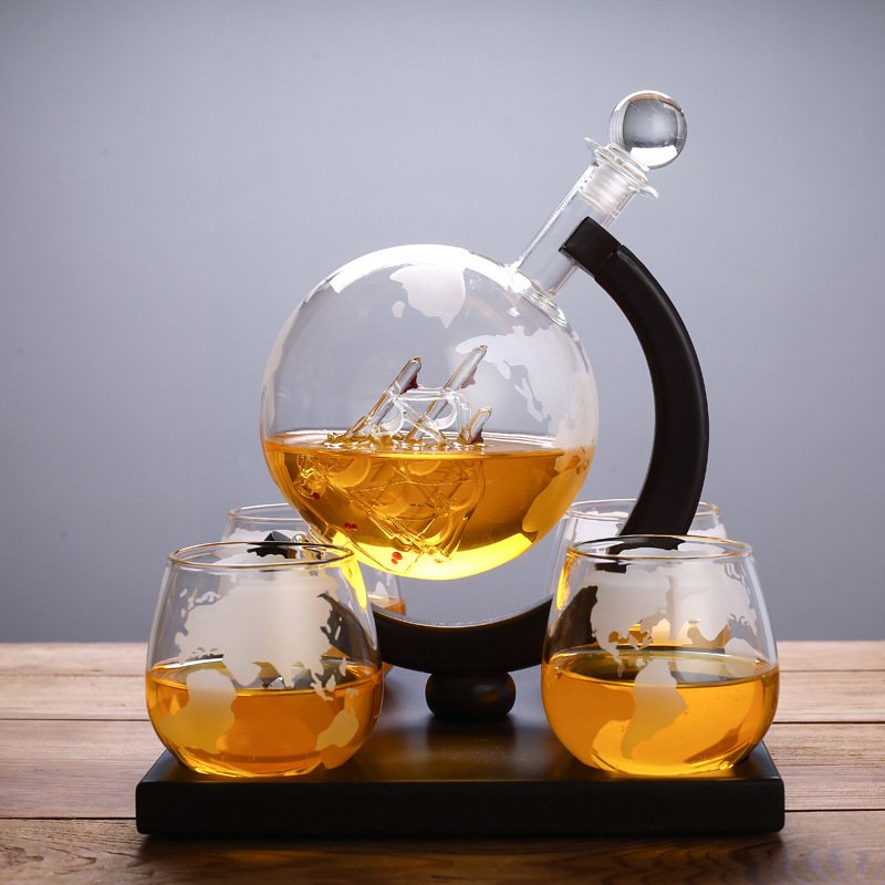 whisky decanter globe Whiskey Decanter set with wooden tray glass bottles
