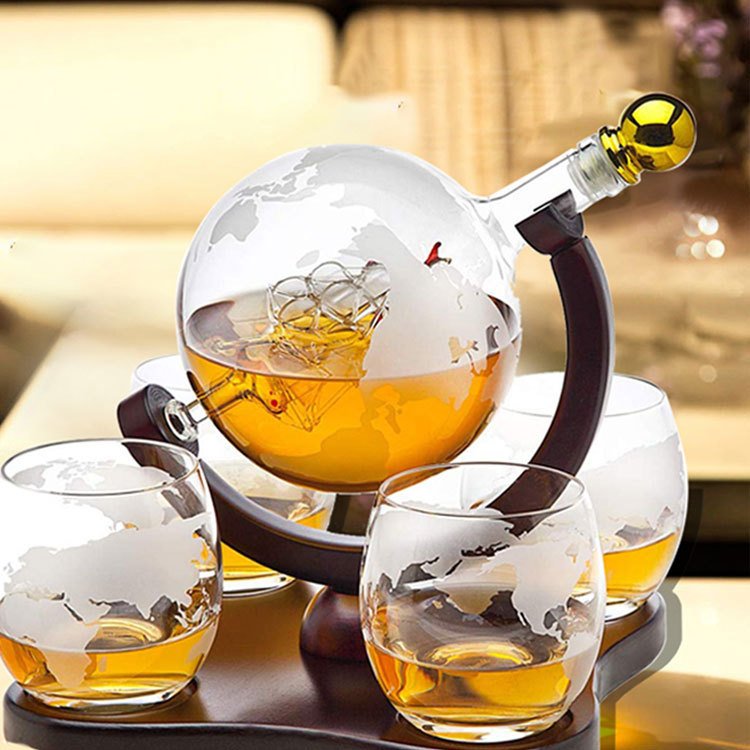 whisky decanter globe Whiskey Decanter set with wooden tray glass bottles