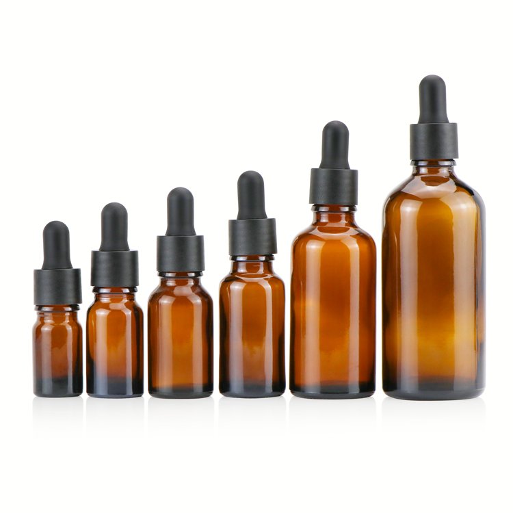 Top quality 15ml 20ml 30ml 50ml 100ml amber brown round shape cosmetic essential oil glass bottles with glass dropper