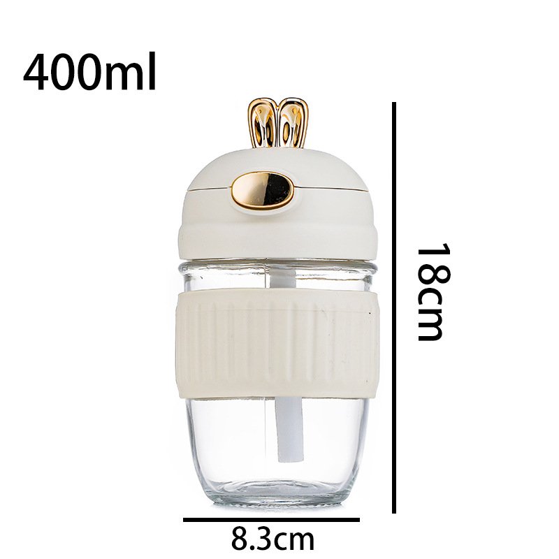400ml cute cartoon rabbit lids glass water bottle for kids drinking with silicone sleeve with straw