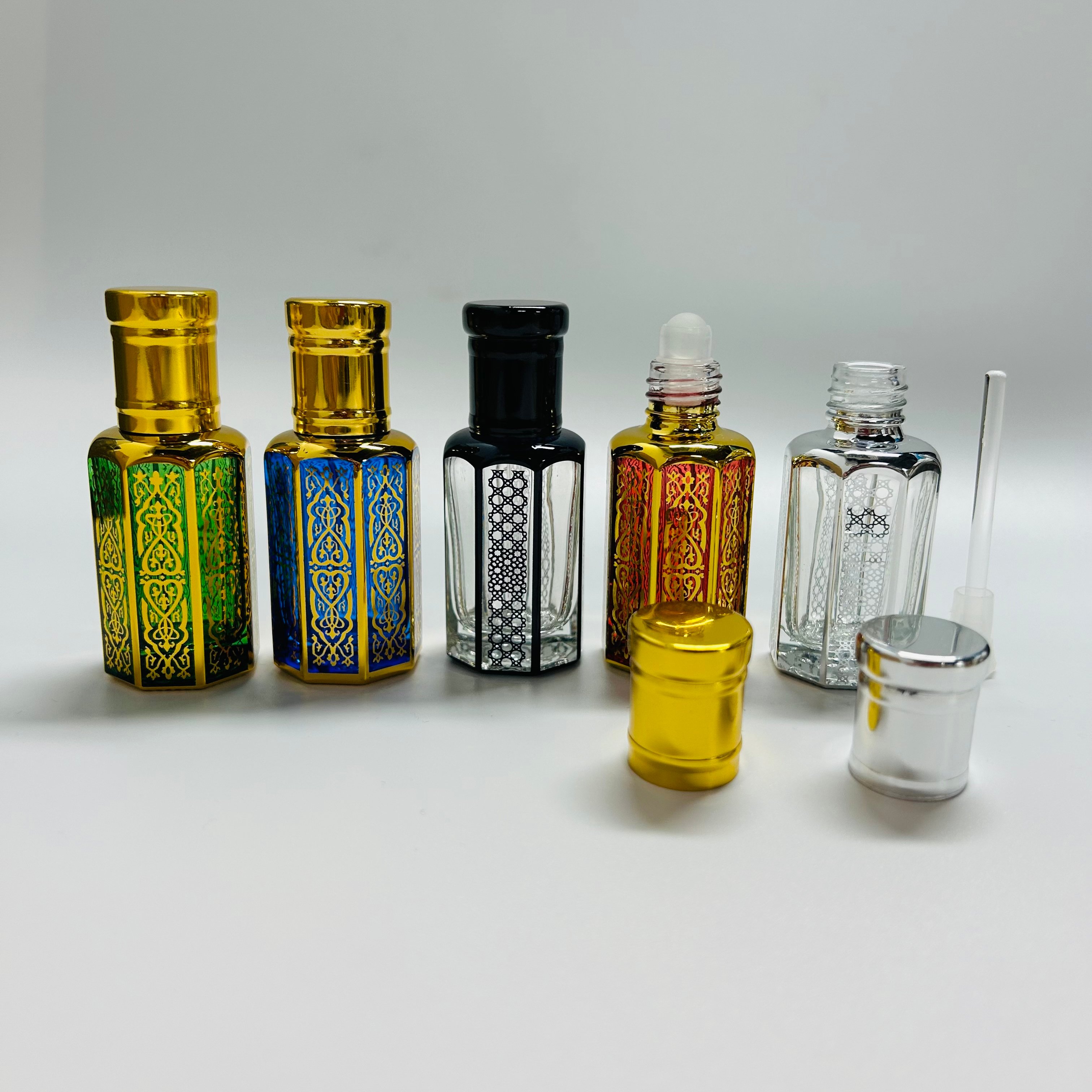 Attar Perfume Glass Bottle Octagonal Shape Arabian Attar Oud Essential Oil Glass Bottle With Super Metal Lids With Glass Stick