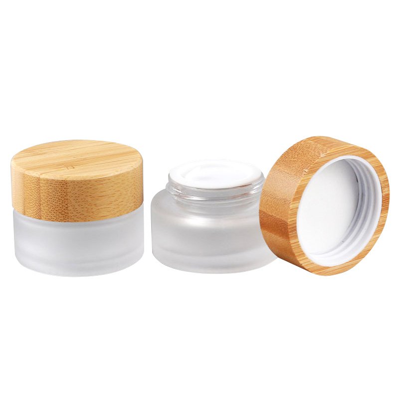 5ml 10ml 15ml 30ml 50ml 100ml Frosted Glass Bottles Wholesale Cream Cosmetic jars with Bamboo Lid for Cosmetic Packaging