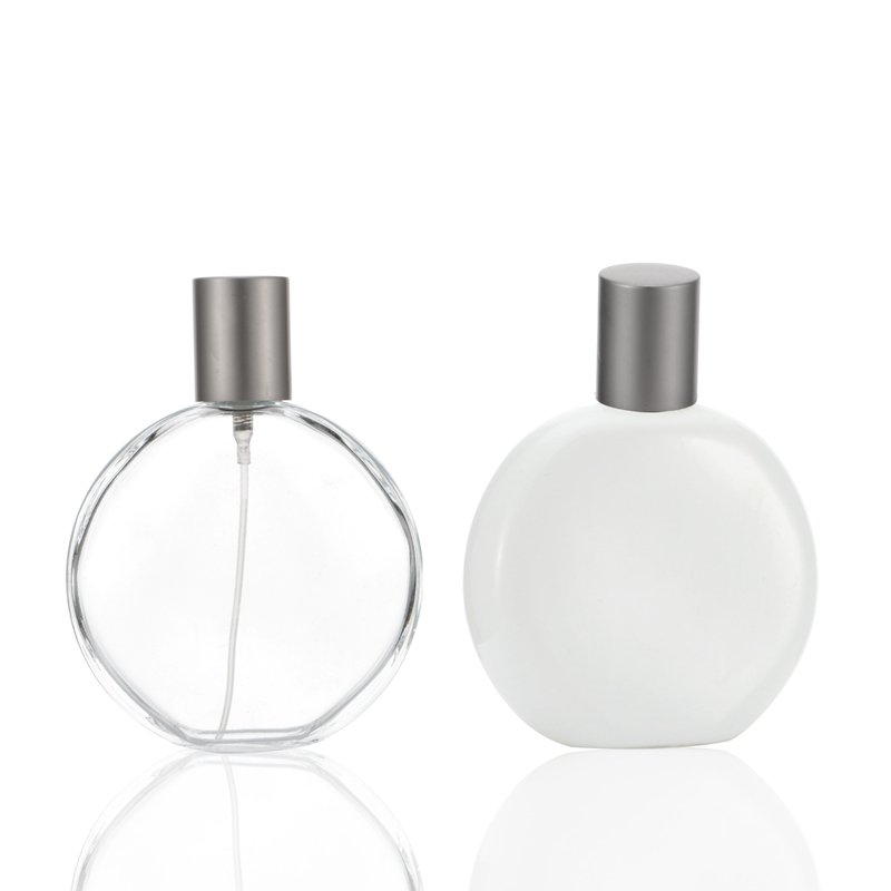 New Flat Round Thickened Glass Spray Bottle Crystal White Transparent Glass Perfume Bottle Cosmetics Empty Bottle