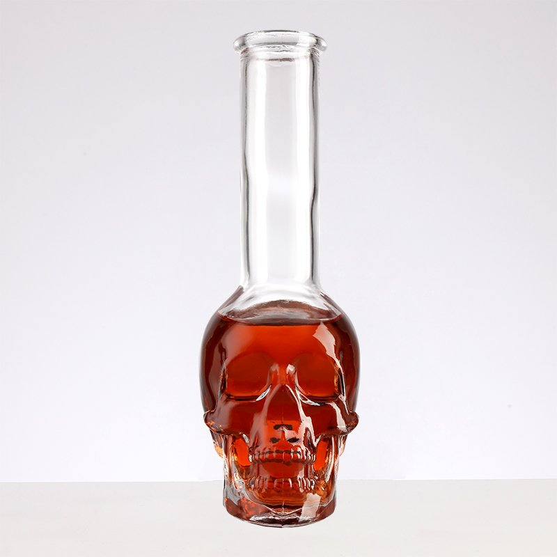 Long neck Skull shaped glass wine bottle creative glass bottles With lid Empty Gin Glass Bottles for Sale