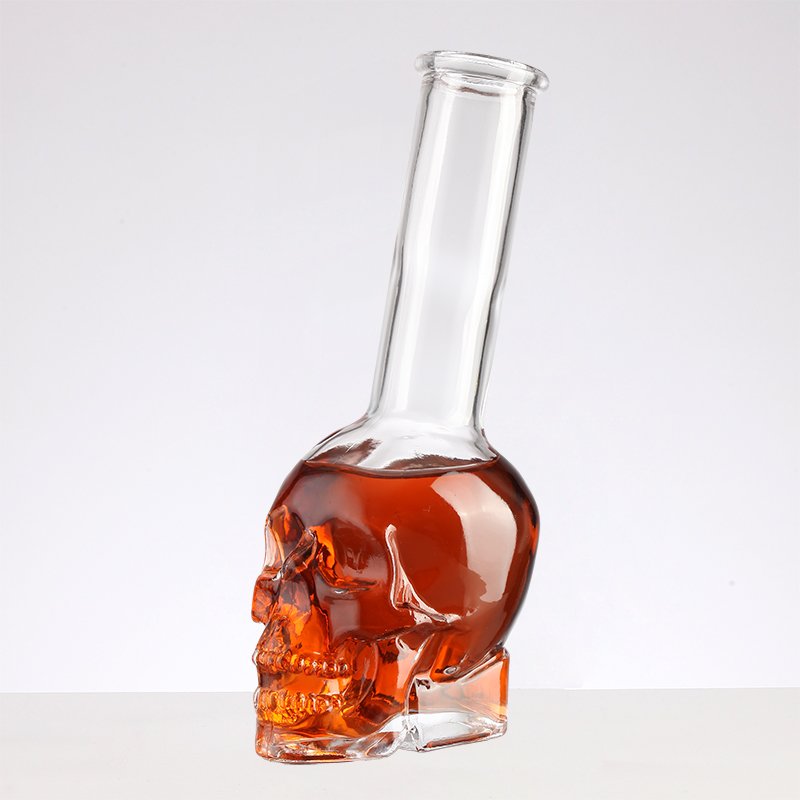 Long neck Skull shaped glass wine bottle creative glass bottles With lid Empty Gin Glass Bottles for Sale