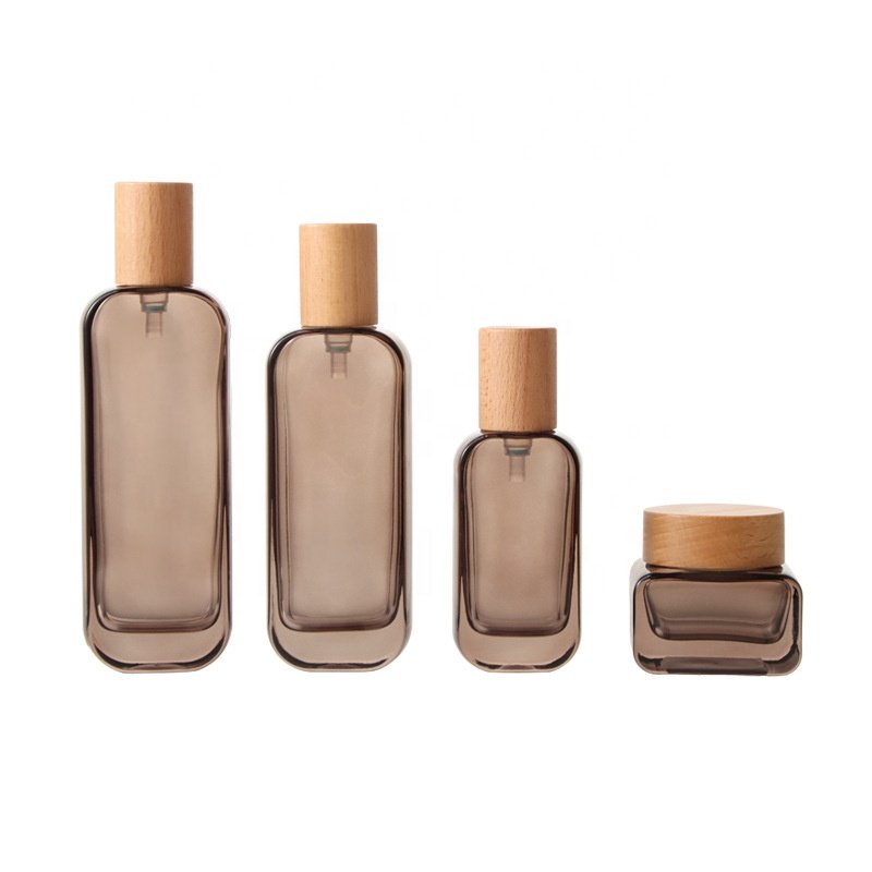 30g 50g Skincare Packaging Glass Face Cream jar 100ml 120ml Lotion Pump Serum Oil brown Cosmetic Glass Bottle with wood lid