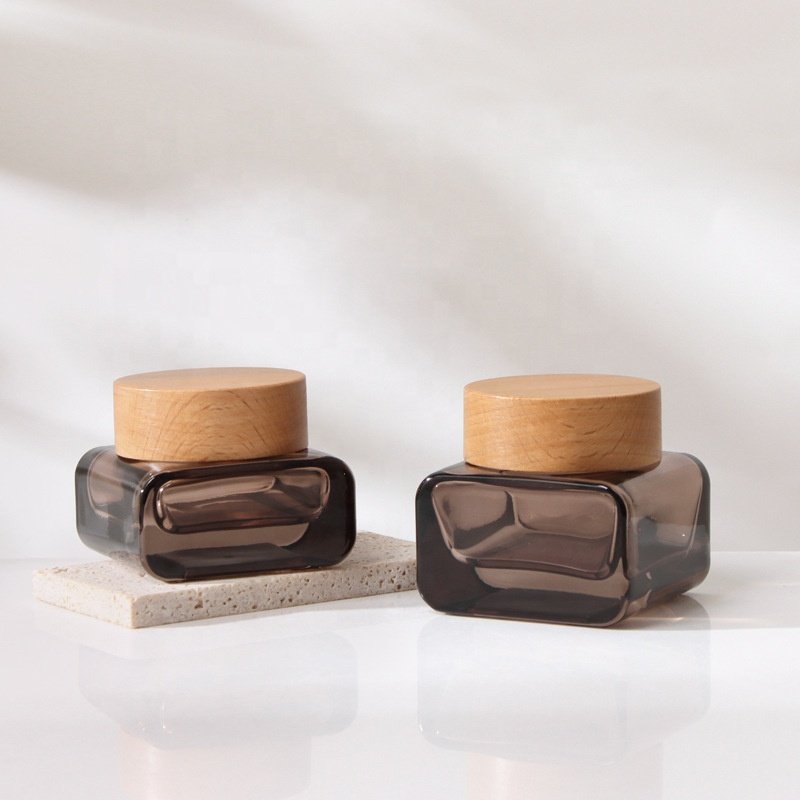 30g 50g Skincare Packaging Glass Face Cream jar 100ml 120ml Lotion Pump Serum Oil brown Cosmetic Glass Bottle with wood lid