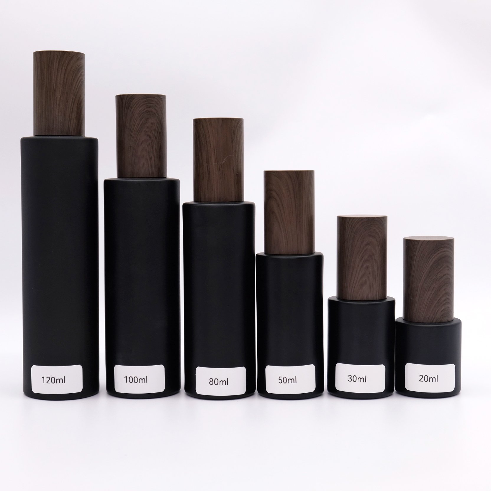 20ml 30ml 50ml 80ml 100ml 120ml Black Frosted Glass Cream Pump Bottle With Wood Grain Lid
