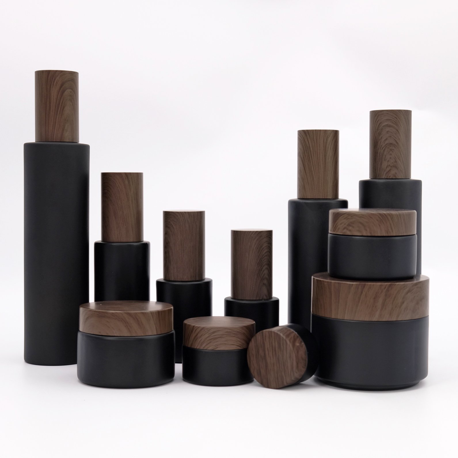20ml 30ml 50ml 80ml 100ml 120ml Black Frosted Glass Cream Pump Bottle With Wood Grain Lid
