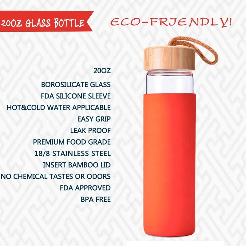 Eco Friendly 20 Oz BPA Free Borosilicate Glass Sublimation Glass Bottle with Bamboo Lid and Silicone Sleeve