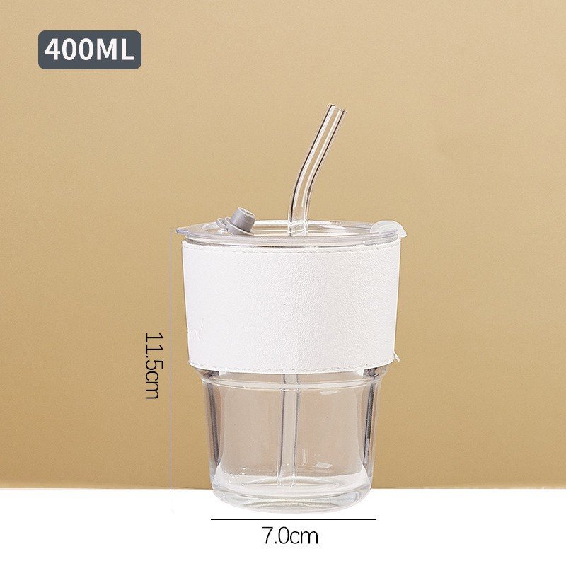 Sell well 400ml Clear Glass Slub Cup With Lid Straw Custom Logo Simple Glass Coffee Cup With Leather Case