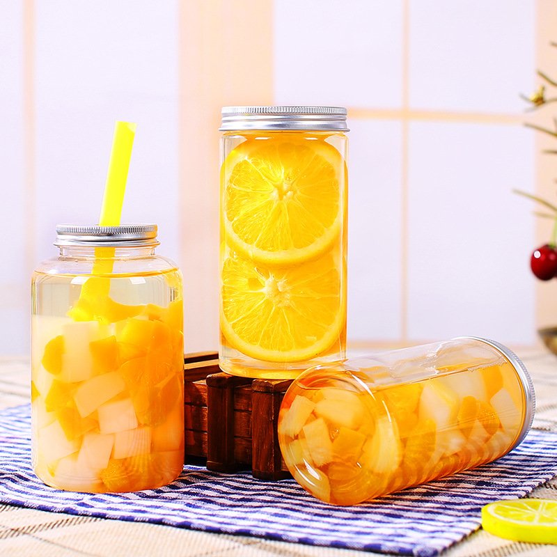 16oz clear juice glass bottle for beverage with aluminum lid with whole and straw