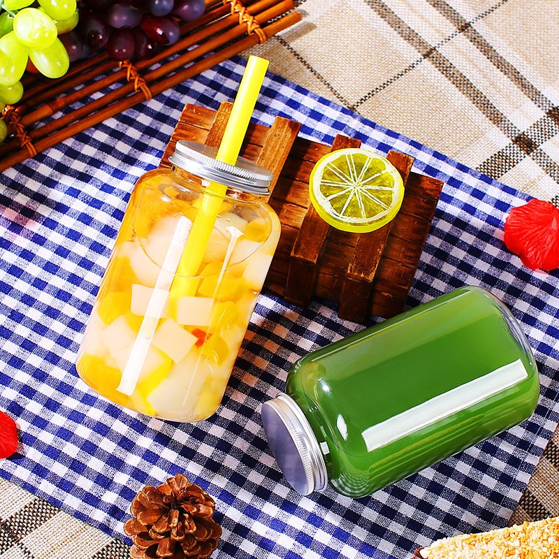 16oz clear juice glass bottle for beverage with aluminum lid with whole and straw