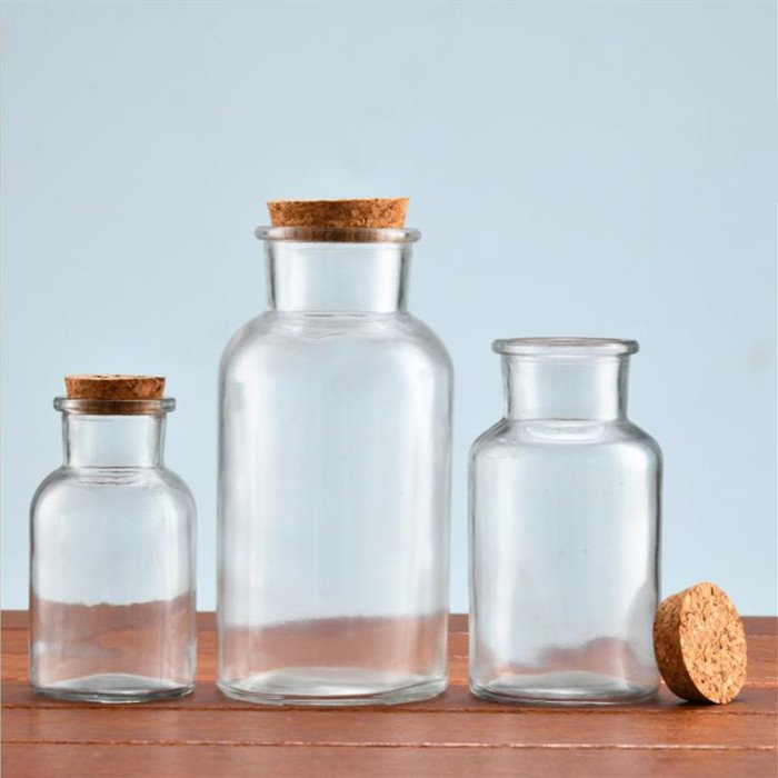 250ml 500ml 1000ml Round Clear Wide Mouth Apothecary Jars Reagent Glass Bottle with Cork Lids