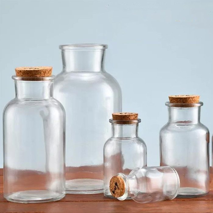 250ml 500ml 1000ml Round Clear Wide Mouth Apothecary Jars Reagent Glass Bottle with Cork Lids
