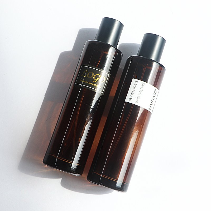 Tall round 100ml amber clear empty Luxury Perfume Glass Bottle crimp sprayer with High round lid