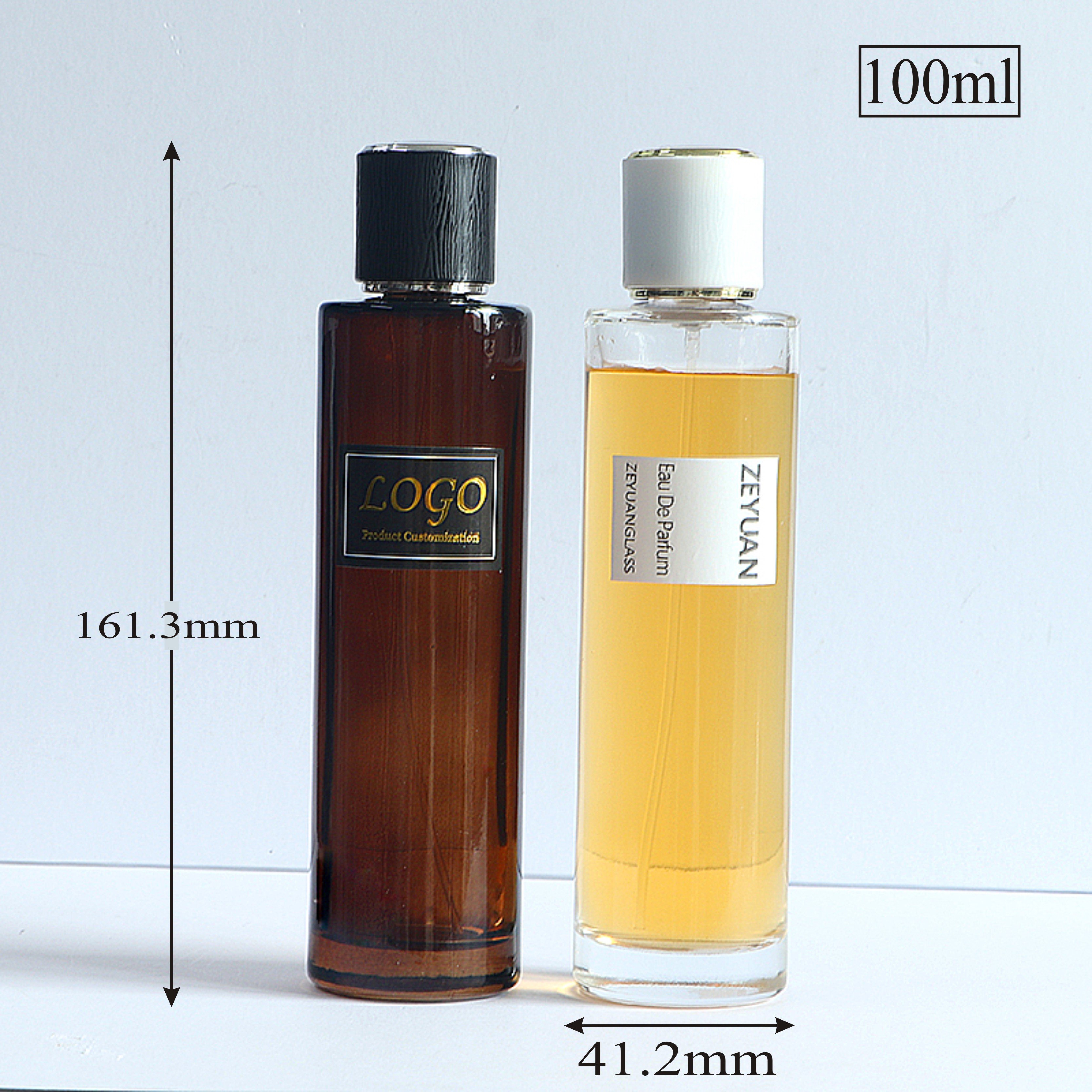Tall round 100ml amber clear empty Luxury Perfume Glass Bottle crimp sprayer with High round lid