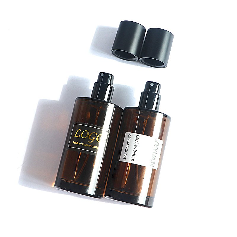 Tall round 100ml amber clear empty Luxury Perfume Glass Bottle crimp sprayer with High round lid