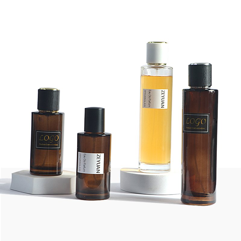 Tall round 100ml amber clear empty Luxury Perfume Glass Bottle crimp sprayer with High round lid