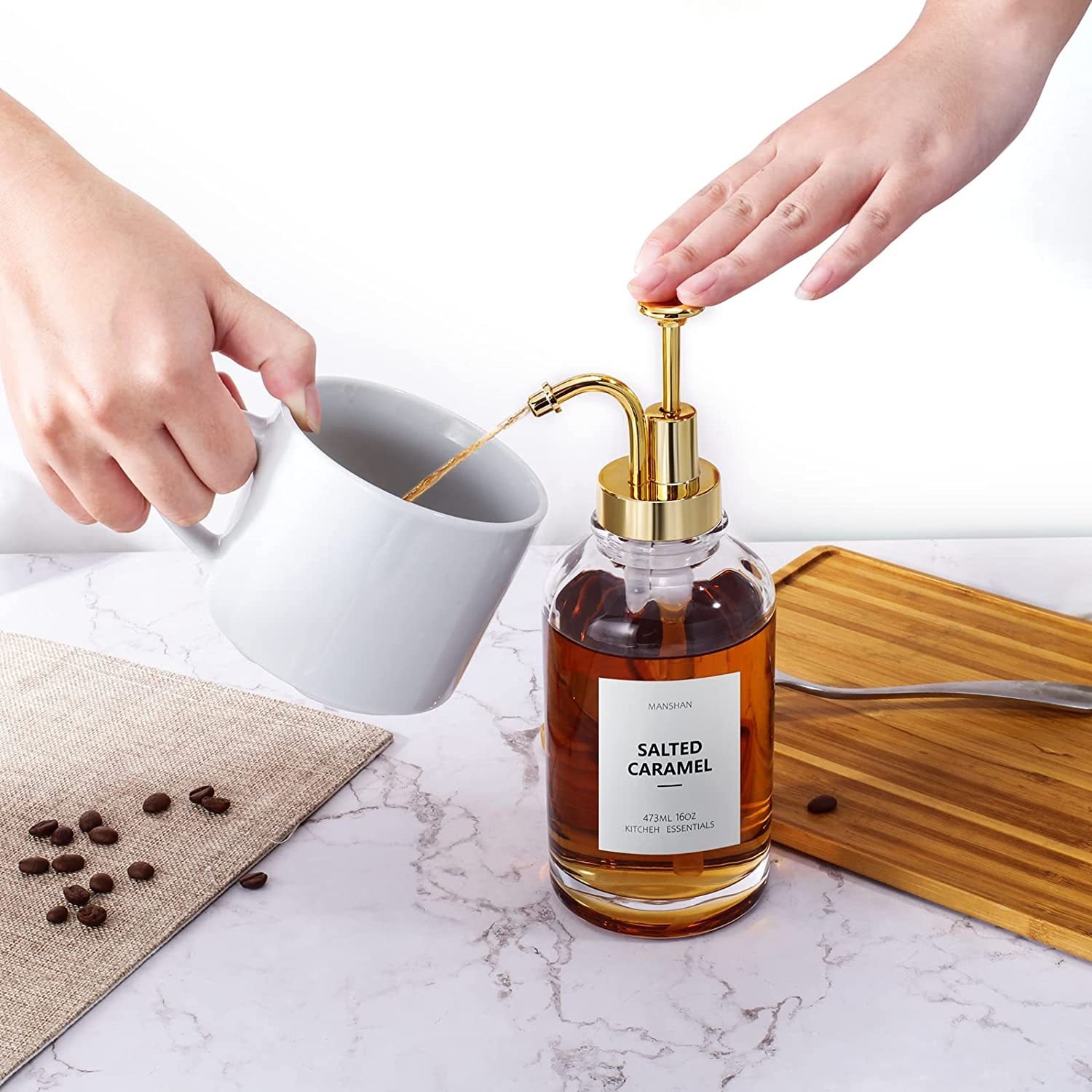 Hot sale Custom packing factory supply 16oz 500ml coffee glass bottle with dispenser for syrup Coffee Bar With Pump Dispenser