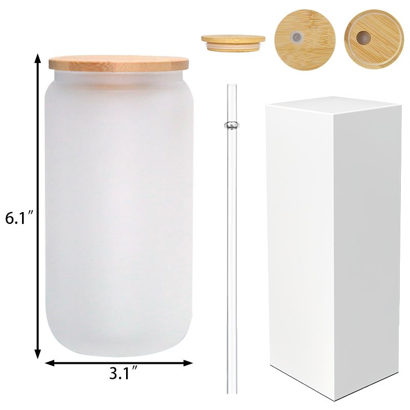 Sublimation Blanks 16oz Drinking Libbey Clear Frosted Glass Bottles Beer Can Glass Cup Tumbler with Bamboo Lid and Straw