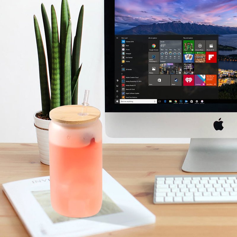 Sublimation Blanks 16oz Drinking Libbey Clear Frosted Glass Bottles Beer Can Glass Cup Tumbler with Bamboo Lid and Straw