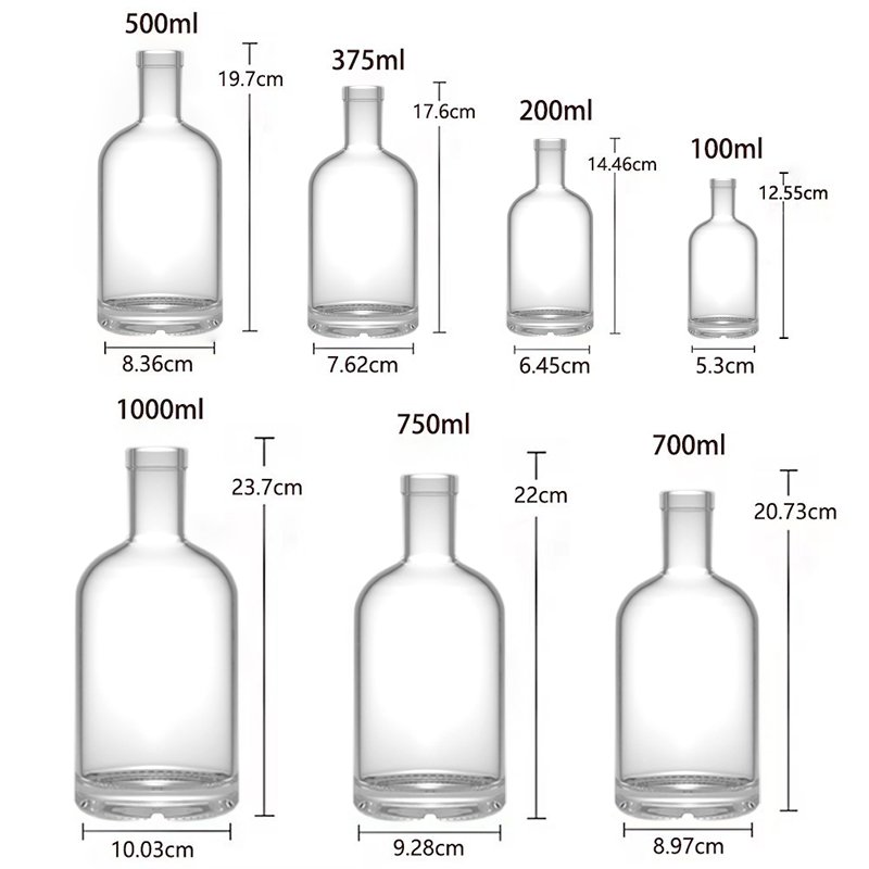 200ml 375ml 500ml glass bottle 750ml 1000ml round empty flint glass liquor wine gin Whisky Vodka tequila glass bottle with lid