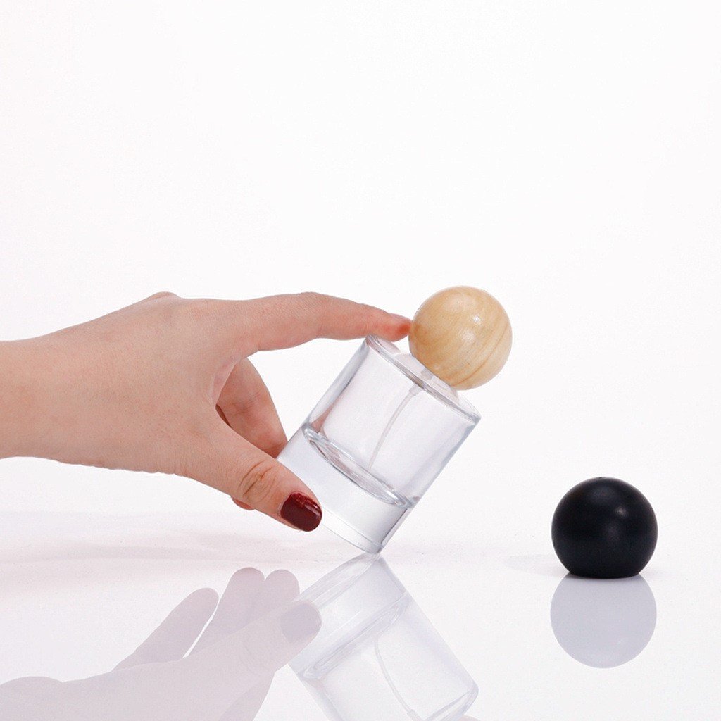 Custom Round Cube Perfume Bottle 30ml 50ml 100ml Clear Perfume Glass Bottles Gold silver pump With Wooden Cap