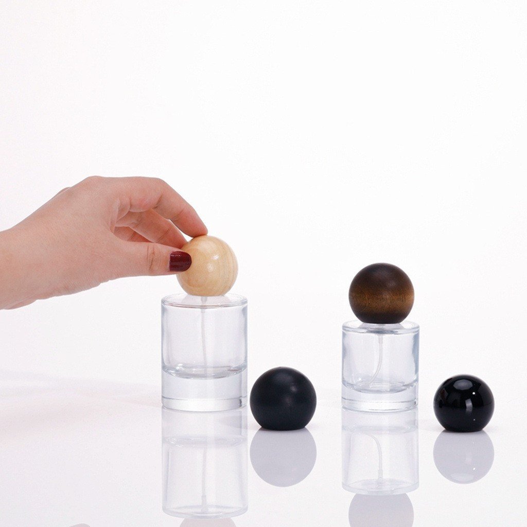 Custom Round Cube Perfume Bottle 30ml 50ml 100ml Clear Perfume Glass Bottles Gold silver pump With Wooden Cap