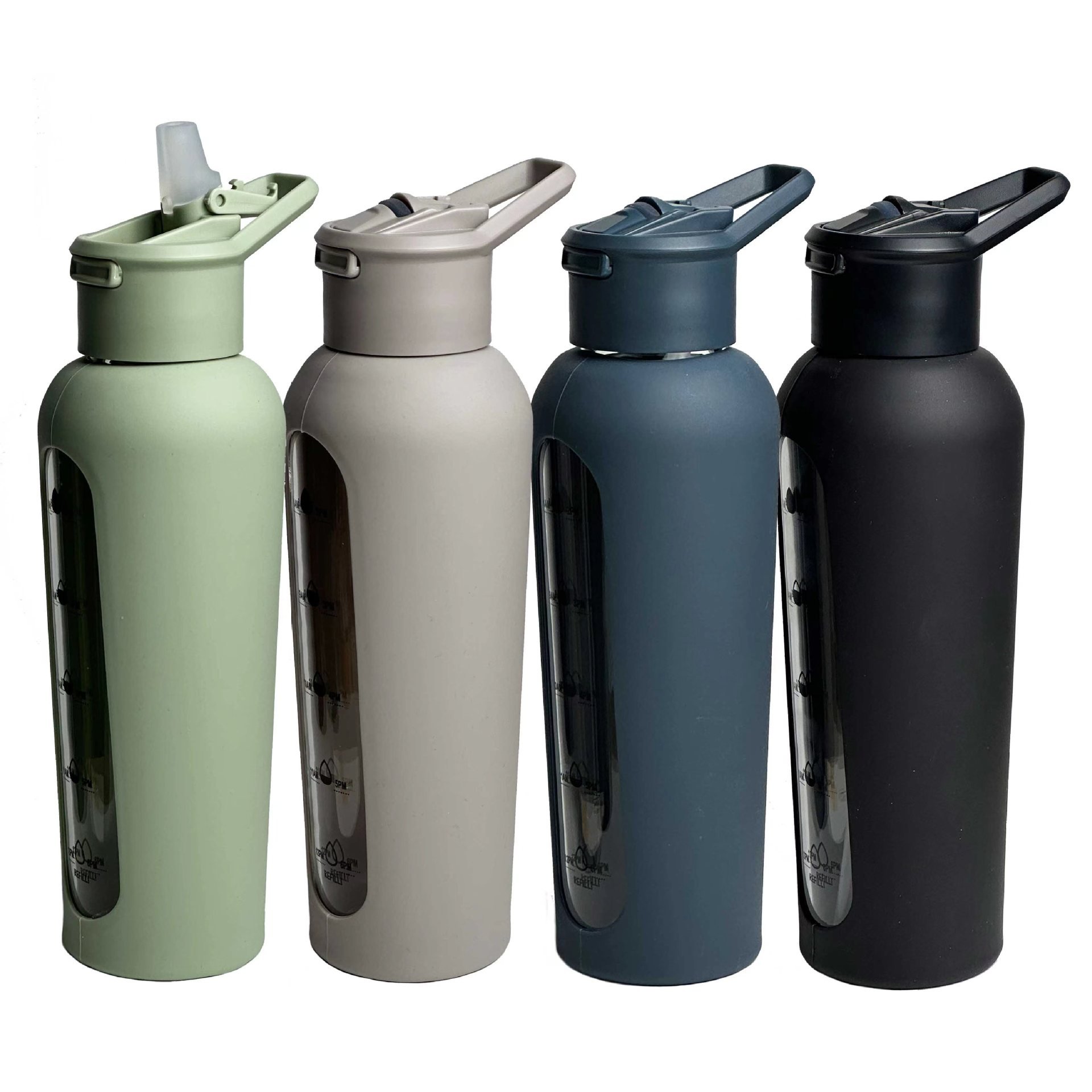 Hot Selling Portable Cover Sports Bottle Large Capacity Flip Cup with Straw Scale Bottle Silicone Case Single-Layer Glass Bottle