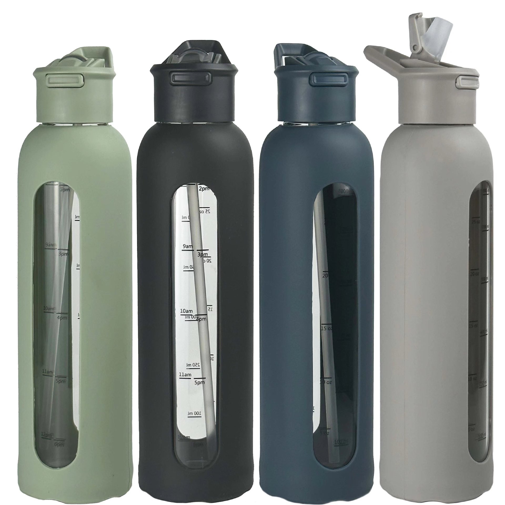 Hot Selling Portable Cover Sports Bottle Large Capacity Flip Cup with Straw Scale Bottle Silicone Case Single-Layer Glass Bottle