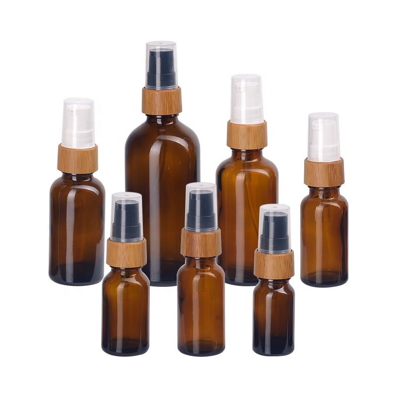 frosted amber glass bottle 5ml 10ml 15ml 20 ml 30 ml 50 ml 100 ml brown glass cosmetic bottle with 18mm bamboo spray pump