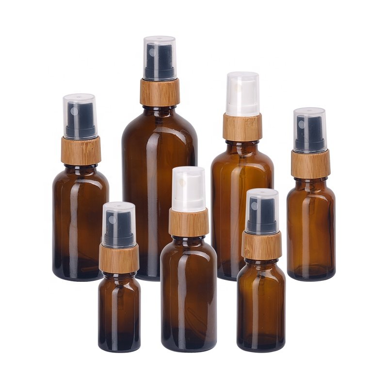frosted amber glass bottle 5ml 10ml 15ml 20 ml 30 ml 50 ml 100 ml brown glass cosmetic bottle with 18mm bamboo spray pump