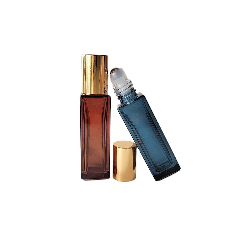 Perfumes roll on bottle 10ml amber blue square glass bottle with steel roller shiny gold cap cosmetic packaging bottle for oils